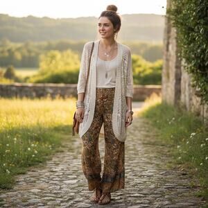 Pink Rose Premium Crocheted Boho  Duster Sz M Cardigan Kimono Western Cream